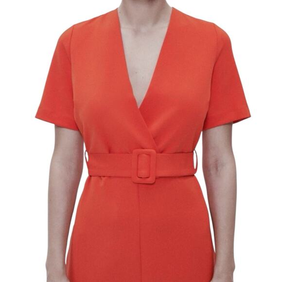 ZARA Midi Dress Belted Orange Sheath Large - Picture 5 of 12